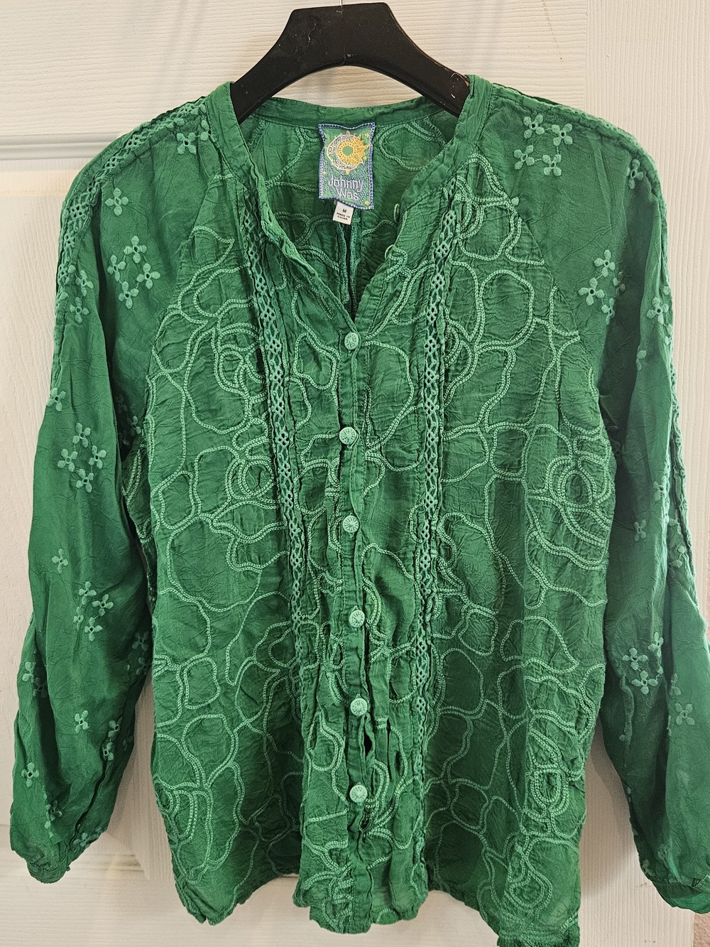 Johnny Was Green Embroidered Button-Front Women's Top